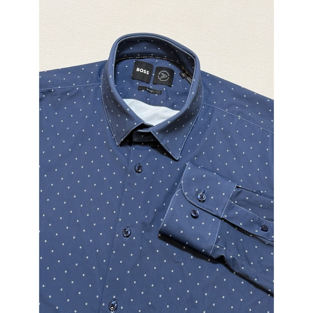 Hugo Boss Performance Slim Fit Shirt Men's Large 42 Blue White Print Stretch